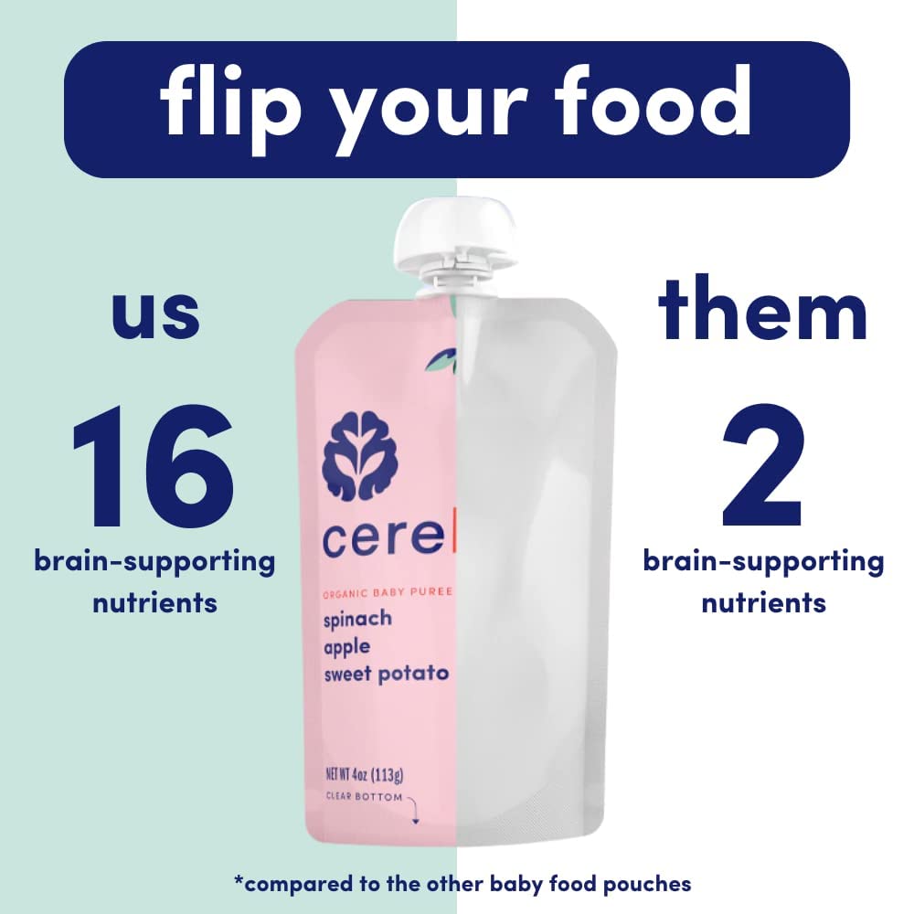Cerebelly Organic Baby Food Pouches, Spinach Apple Sweet Potato Purees, 16 Nutrients, No Added Sugar, Fiber & Non-Gmo, 4Oz, 1 Count