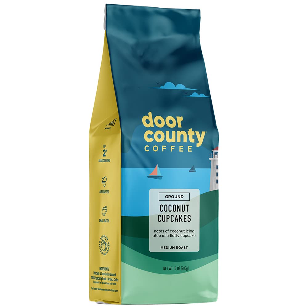 Door County Coffee Coconut Cupcakes Flavored Coffee Ground | 10 Oz Bag | Flavored Ground Coffee Medium Roast | 100% Specialty Arabica Coffee Ground | Flavored Gourmet Coffee | Coconut Cupcakes Coffee