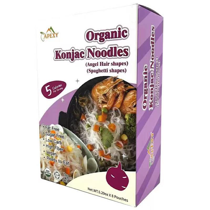 Apexy Organic Shirataki Konjac Noodle 8 Pouches Total 42.24Oz. Low Calorie, Low-Carb Gluten Free, Vegan, Keto And Paleo-Friendly. (Angel Hair & Spaghetti Shapes Combo)