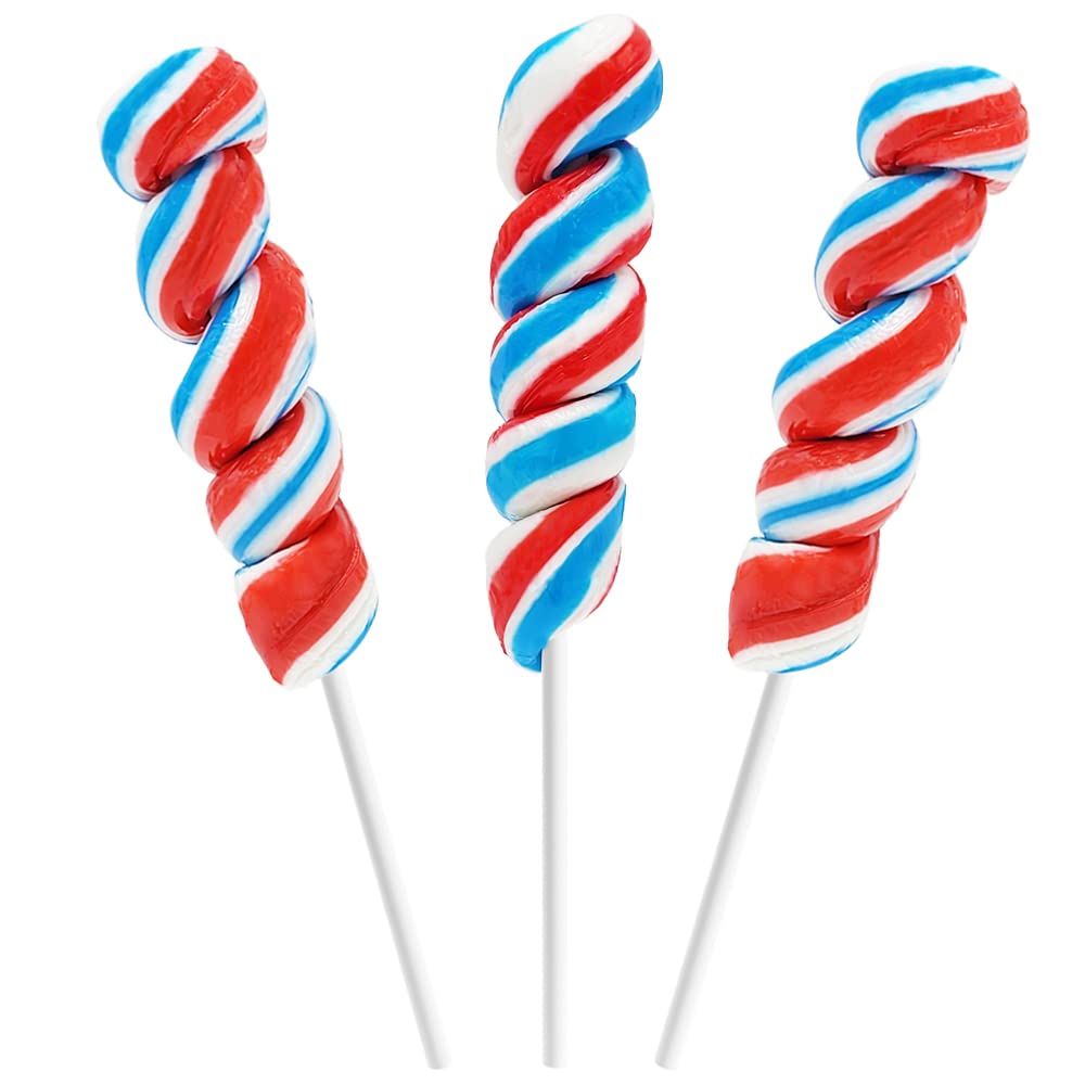Patriotic Twist Lollipop, USA Red, Blue, & White Mixed Fruit Flavor, Individually Wrapped, 3'' Inch Sucker (24-Pack)