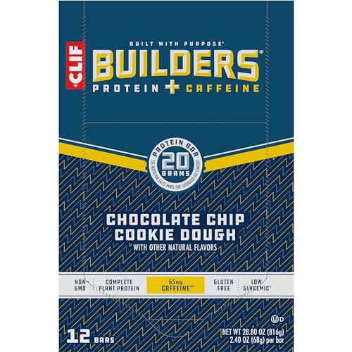 Clif Builders + Caffeine Protein Bars - Chocolate Chip Cookie Dough Flavor - 20G Plant Based Protein - Gluten Free - Non-Gmo - Low Glycemic - No Artificial Sweeteners - 2.4 Oz. (12 Pack)