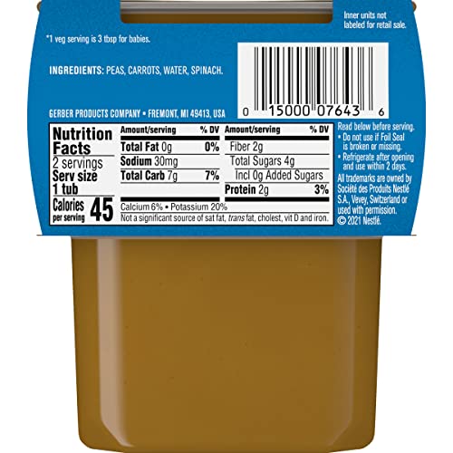 Gerber Baby Food Pea Carrot Spinach Puree, 4 Oz, 2 Pack Tubs