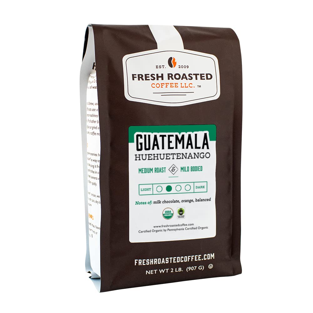 Fresh Roasted Coffee, Organic Guatemalan Huehuetenango, 2 Lb (32 Oz), Medium Roast, Fair Trade Kosher, Ground
