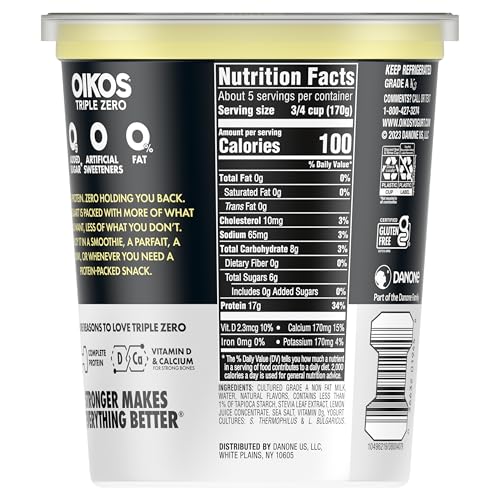 Oikos Triple Zero Vanilla Nonfat Greek Yogurt Tub, 0% Fat, 0g Added Sugar and 0 Artificial Sweeteners, Just Delicious High Prote
