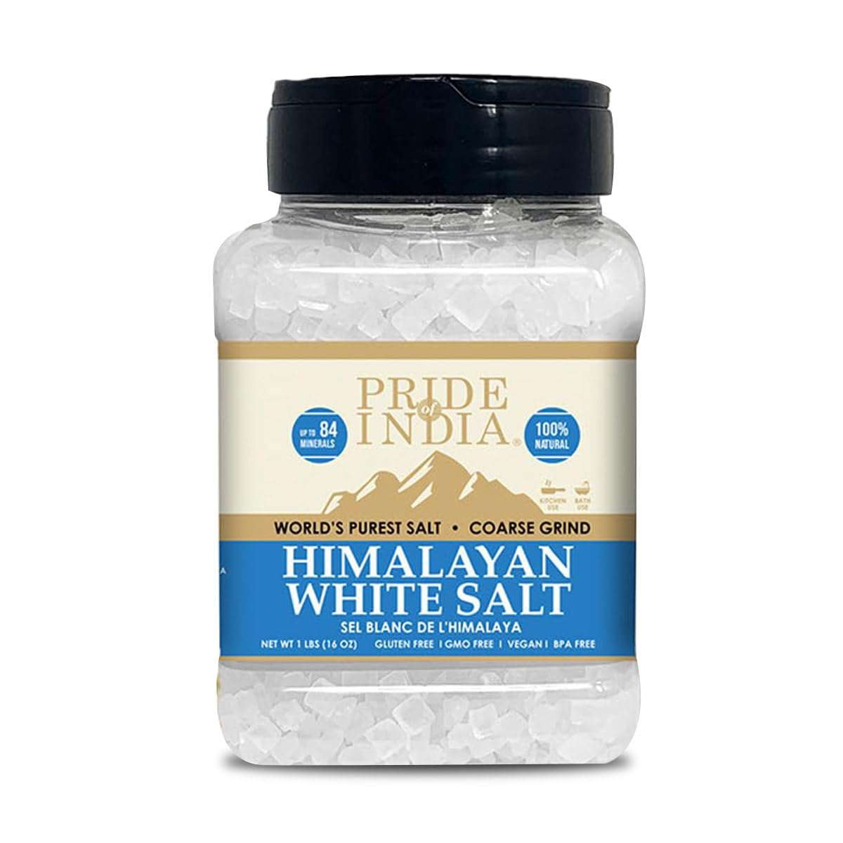 Pride of India- Himalayan White Salt Coarse Grind 1 lbs (453.59 gm)- Rarest & Enriched W/84+ Natural Minerals- Low Sodium- Miner