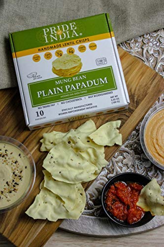 Pride Of India - Mung Bean Plain Papadum Lentil Crisp, Pack of 6-10 count (3.53oz - 100gm) - Protein Fiber & Iron Rich, Gluten-F