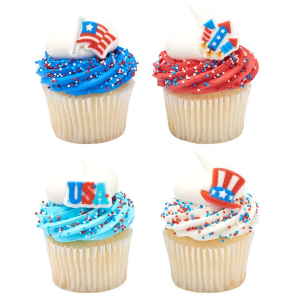 NCS USA Edible Sugar Cake Toppers - 12 Count, Red, White, Blue  , Flag, Hat