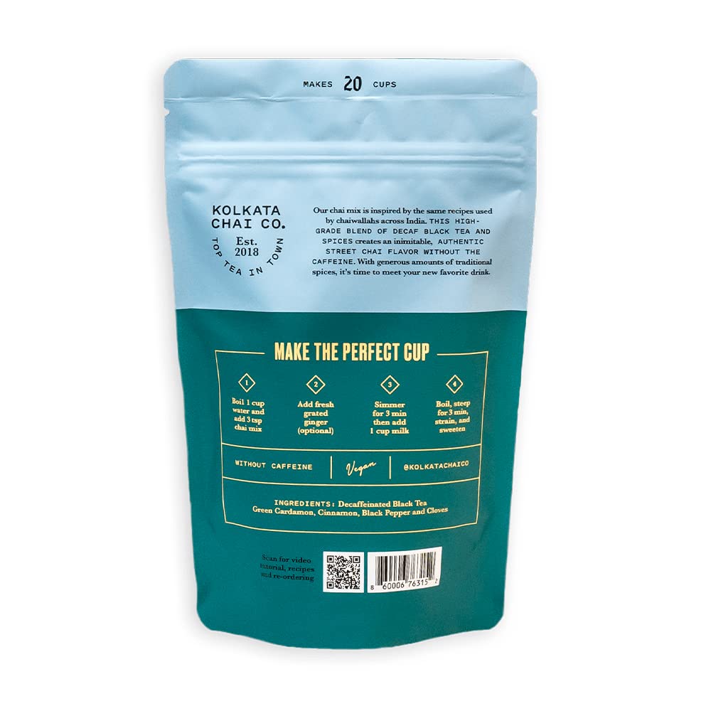 Kolkata Chai Co Decaf Masala Chai Mix, Premium Loose Leaf Tea & Spice Blend, Makes 20 Cups, 4.23 oz