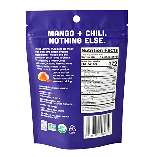 Mavuno Harvest Organic Fruit Snacks - Chewy Fruit Bites - Mango & Chili - 1.94 oz (Pack of 3) - Non-GMO, No Preservatives