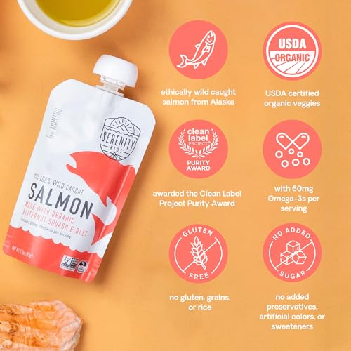 Serenity Kids 6+ Months Baby Food Pouches Puree Made With Ethically Sourced Meats & Organic Veggies | 3.5 Ounce Bpa-Free Pouch | Wild Caught Salmon, Butternut Squash, Beet | 1 Count
