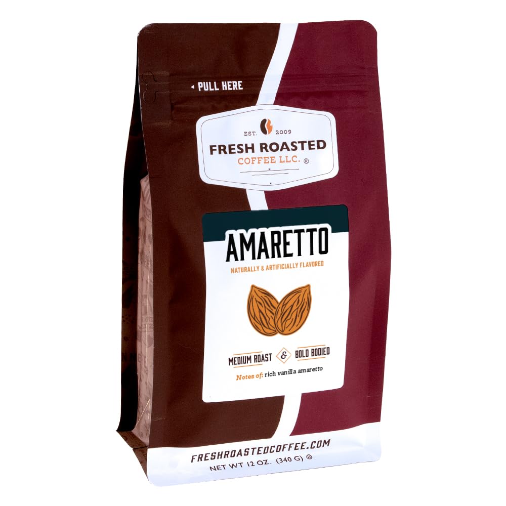 Fresh Roasted Coffee Amaretto Flavored Whole Bean Coffee, Medium Roast, 12 oz