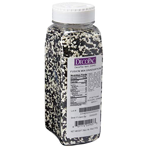DecoPac Graduation Fusion Mix Candy Sprinkles, 26oz, Fancy Sprinkles in Handheld Container, Edible Black And White Sprinkles For