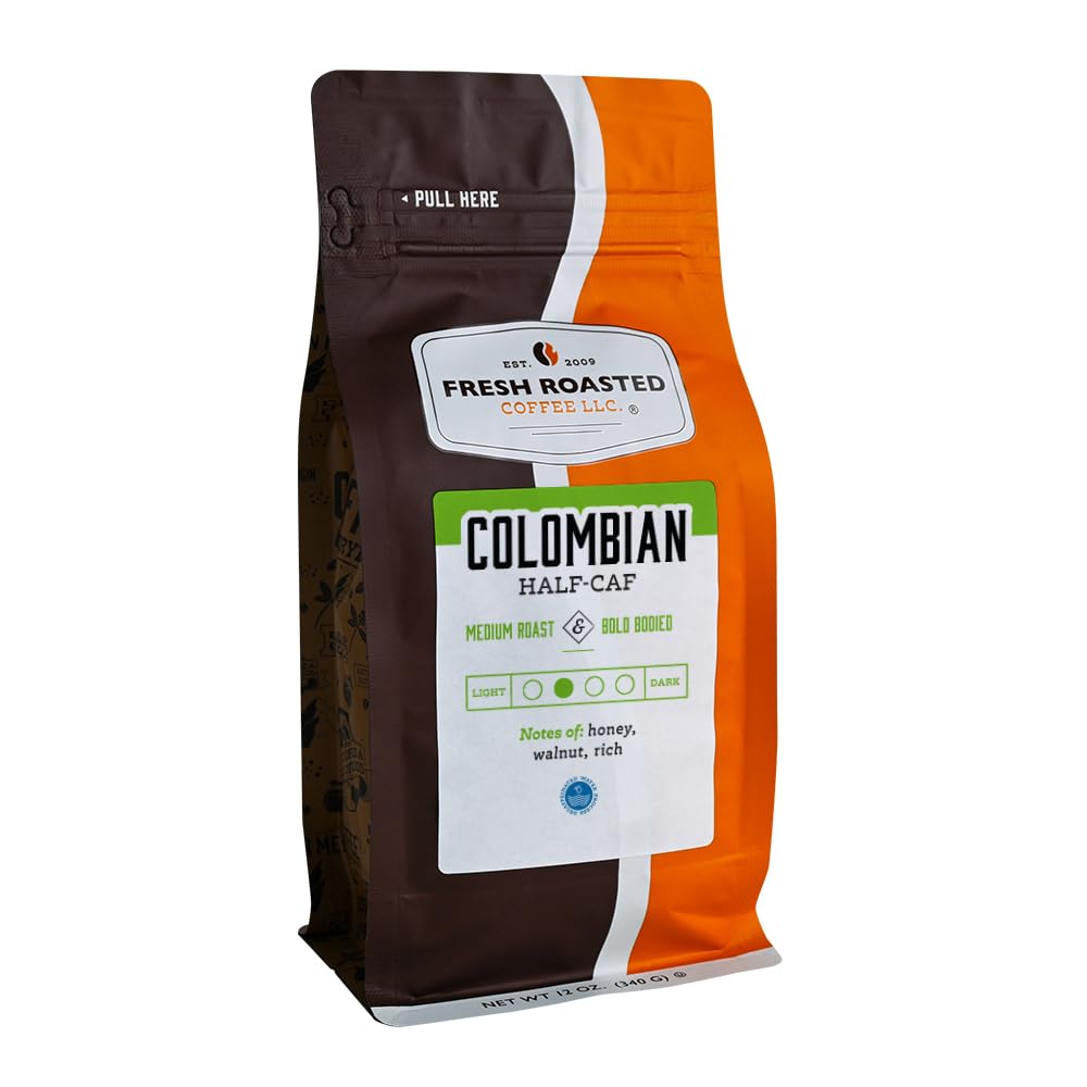 Fresh Roasted Coffee 100% Colombian Half-Caf Medium Roast Whole Bean 12 oz