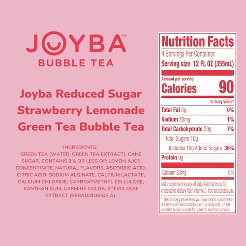 Joyba Reduced Sugar Strawberry Lemonade Flavored Green Bubble Tea, 4 Pack,12 Fl Oz. Cups