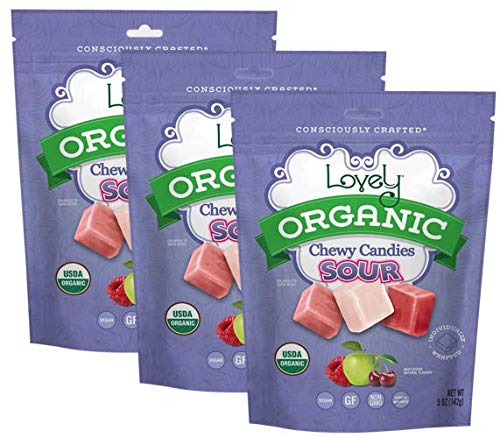 Lovely Candy Co. Organic Sour Chewy Candies 5oz Bag (3-pack) | Natural Raspberry, Apple & Cherry Flavors | Vegan, Gluten Free, N