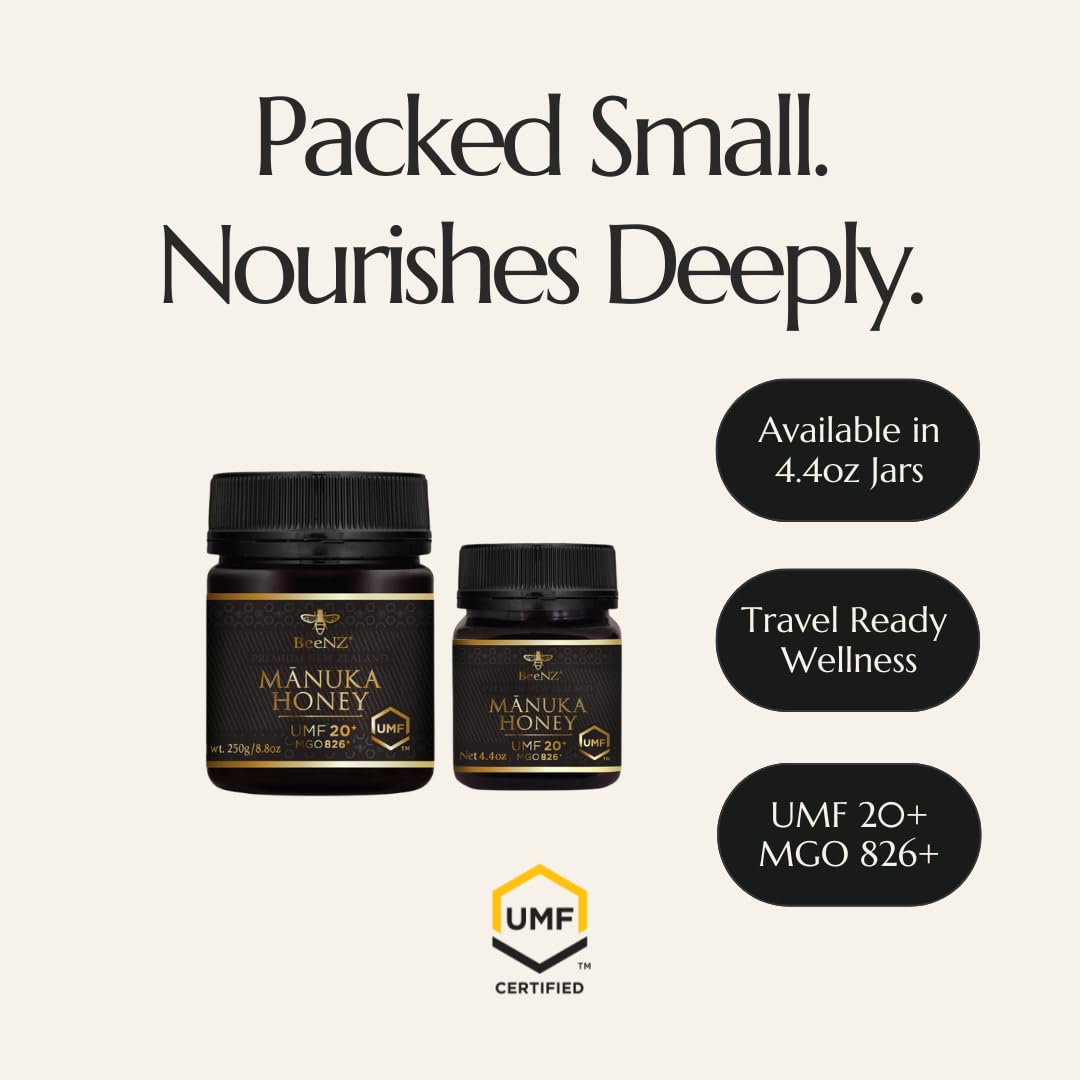 BeeNZ Raw Manuka Honey, Certified UMF 20+ (MGO 829+), Pure New Zealand Monofloral Manuka, Natural Sweetener, Superfood Honey for