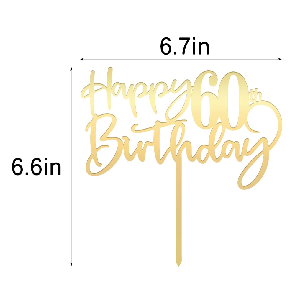 Bekaterea Happy 60Th Birthday Cake Topper, Mirrored Gold Acrylic, 1 Each, 6.6 Inches Square, Perfect For 60Th Birthday Party Dec