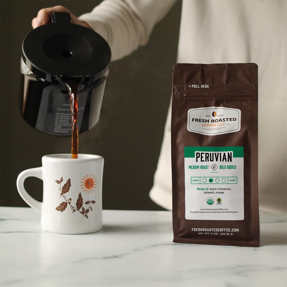 Fresh Roasted Coffee, Fair Trade Organic Peruvian, 12 Oz, Medium Roast, Kosher, Ground