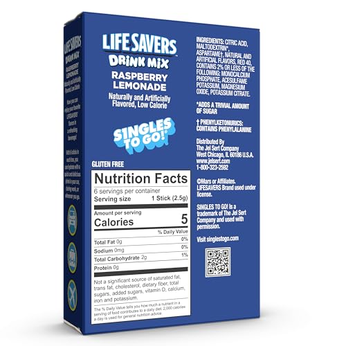 Lifesavers Singles to Go Powdered Drink Mix, Raspberry Lemonade, 6 Stick Per Box, 12 Boxes Included for Total of 72 Sticks
