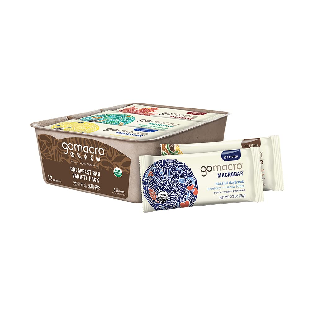 Gomacro Macrobar Organic Vegan Protein Bars, Breakfast Variety Pack, 12 Count