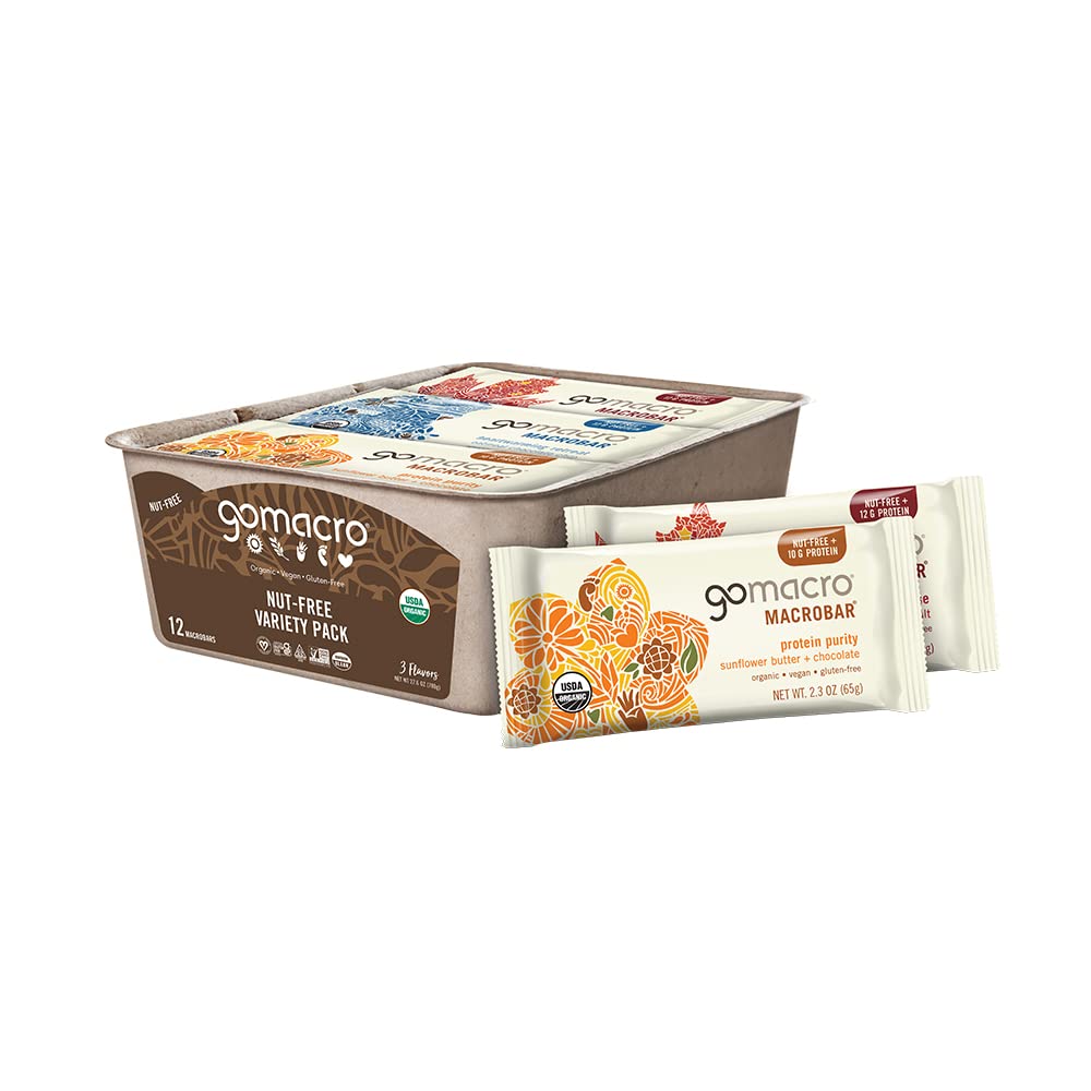 Gomacro Macrobar Organic Vegan Protein Bars, Nut Free Variety Pack, 2.3 Oz, 12 Count