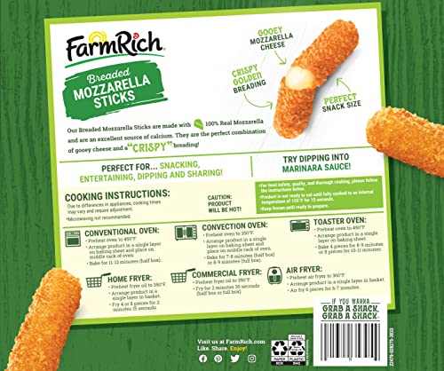 Farm Rich Mozzarella Cheese Sticks - Frozen Appetizers for Parties, Breaded Cheese Stick, 48 oz Pack - Farm Rich Snacks