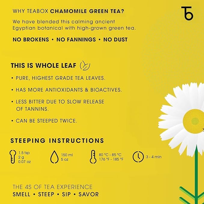 Teabox Enhanced Green Tea With Chamomile Flowers | 100% Whole Leaf & 0% Bitterness | Green Tea From The Himalayas| Low Caffeine | 100G Loose (3.52Oz)