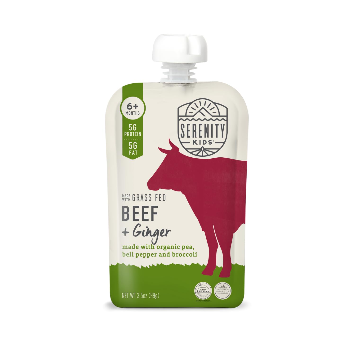 Serenity Kids 6+ Month Baby Food Pouches Puree w/Ethically Sourced Meat & Organic Veggies - 3.5 Oz BPA-Free, Grass Fed Beef, Gin