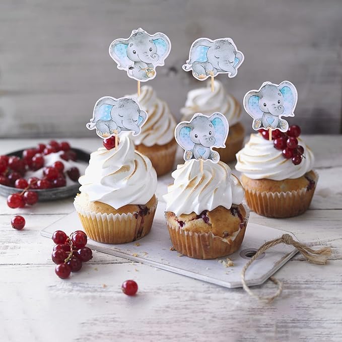 YCTHUNFISH Elephant Cupcake Toppers - 36 Pack, Blue, Paper, Ideal for Birthday Parties and Baby Showers
