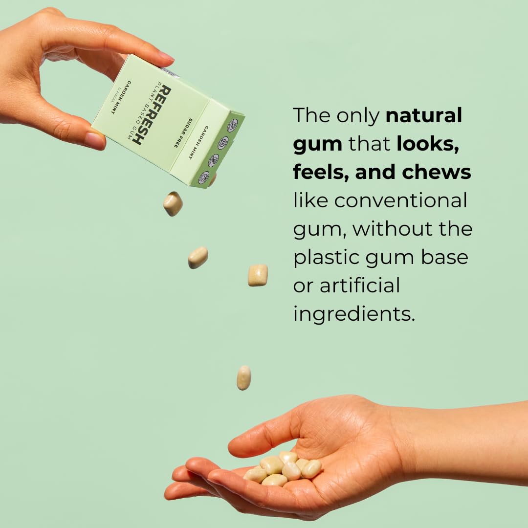Refresh Gum, Xylitol, Natural, Sugar Free, Plastic Free, Natural Flavors & Organic Ingredients, Plant-Based, Non Gmo, Peppermint, Garden Mint & Raspberry Variety Pack, 12 Pcs, 6 Pack