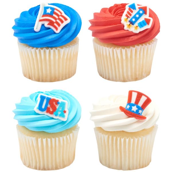 NCS USA Edible Sugar Cake Toppers - 12 Count, Red, White, Blue  , Flag, Hat