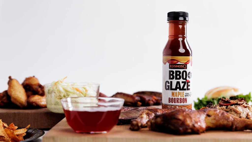 Kosmos Q Maple spirit-inspired flavor BBQ Glaze  Sweet & Sticky BBQ Sauce for Ribs  Chicken  Pork  or Brisket  Competition-Ready Barbecue Glaze with Real Maple Syrup & Kentucky spirit-inspired flavor  American Made  15.5 Oz Bottle