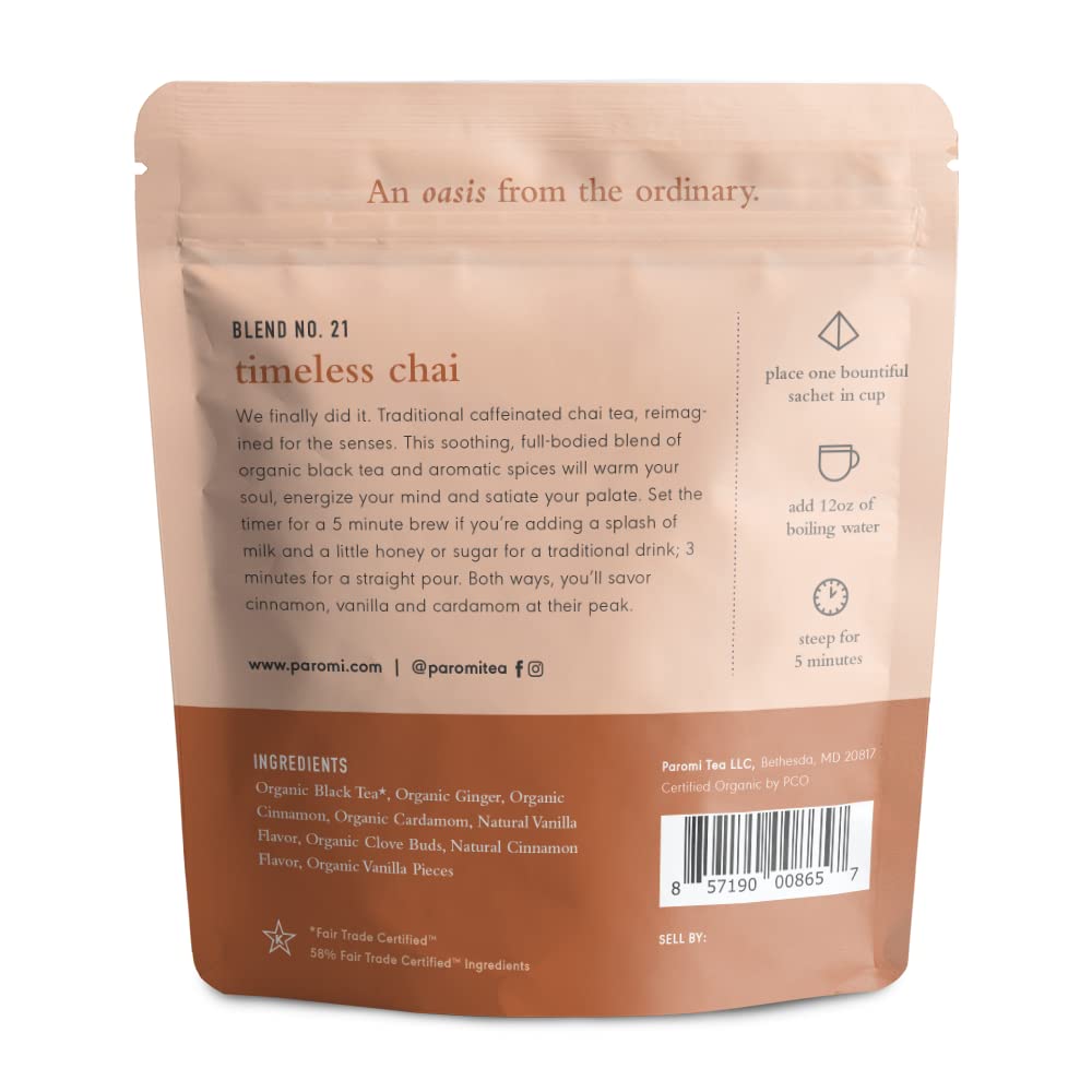 Paromi Timeless Chai Organic Black Tea, Resealable Pouch, 15 Count