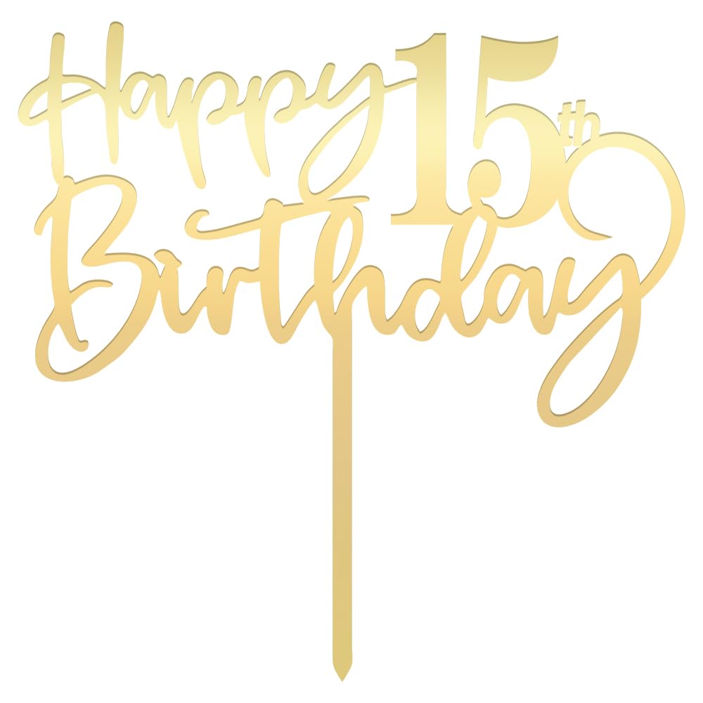 Mirrored Gold Acrylic 15Th Birthday Cake Topper - Durable Party Decorations, 'Hello 15' & 'Happy 15' Designs