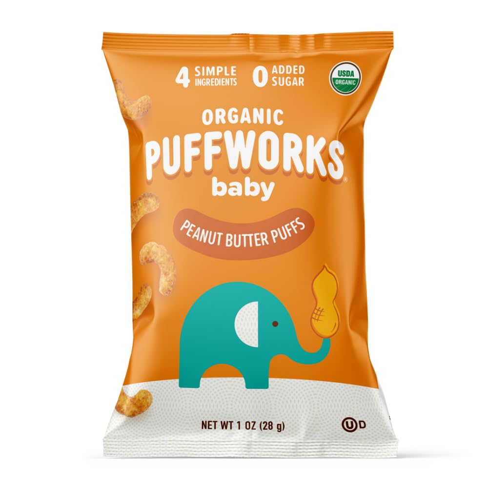 Puffworks Baby Organic Peanut Butter Puffs, Perfect For Early Peanut Introduction, Plant Protein, Usda Organic, Gluten-Free, Vegan, Non-Gmo, Kosher, 1.0 Ounce (Pack Of 6)