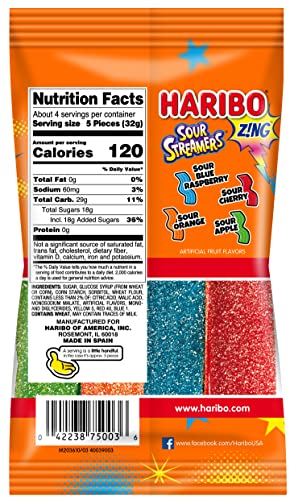 Haribo Gummi Candy Z!NG Sour Streamers, Assorted Fruity Flavors, 4.5 Ounce (Pack of 12), Soft & Chewy Snacks