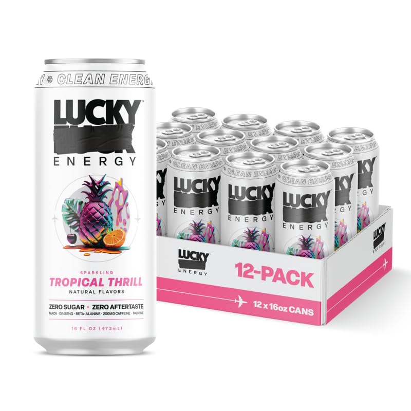 Lucky Energy Sugar Free Energy Drinks, Tropical Thrill, 16oz Cans, 12-Pack, Zero Sugar, 200mg Caffeine, Maca, Ginseng, Beta-Alanine