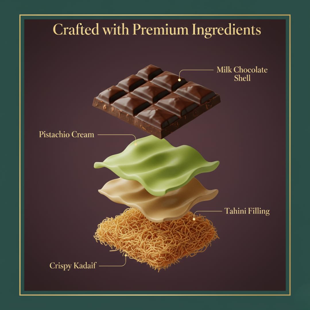 Dubai Dark Chocolate Bar Pistachio - Crispy Kataifi With Pistachio Paste | Gourmet Gift Chocolate | 7Oz Rich, Textured Treat