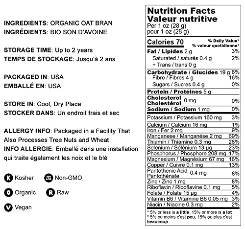 Food To Live Organic Oat Bran, 3 Pounds Non-Gmo, Kosher, Vegan, Bulk, High Fiber Hot Cereal, Milled From High Protein Oats