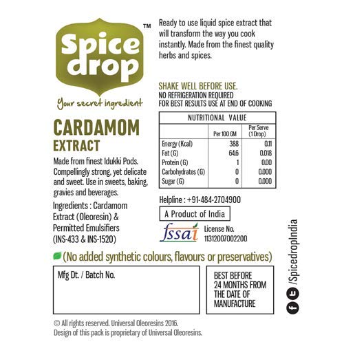 Spice Drop Cardamom Natural Extract ( Elaichi Drops ) For Food, Beverages And Dessert, No Additives, 5 Ml ( Pack Of 3 X 180 Drops)
