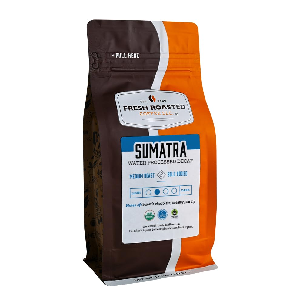 Fresh Roasted Coffee, Organic Sumatra Water Decaf | 12 oz |100% Single Origin | Medium Roast | RFA Kosher | Whole Bean