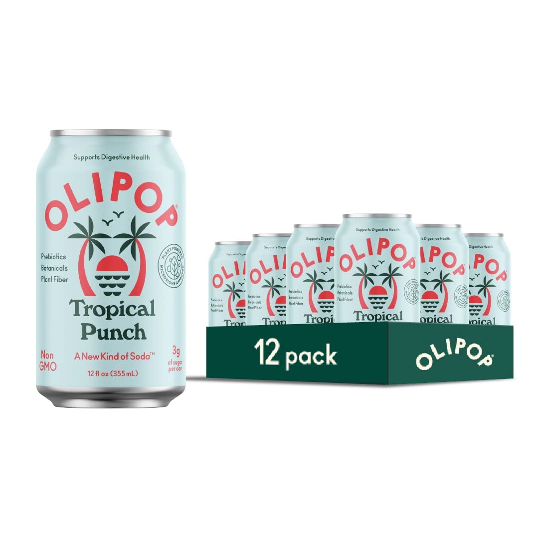 OLIPOP Prebiotic Soda Pop, Tropical Punch, A New Kind of Soda Packed with Prebiotics, Fiber, and Botanicals, Gluten Free, Vegan,