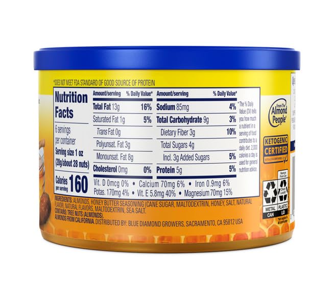 Blue Diamond Almonds Honey Butter Snack Nuts, 6 Ounce Can, Perfect for On-the-Go Snacking