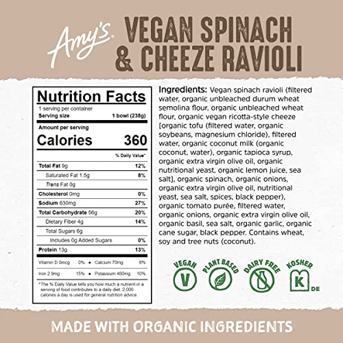 Amys Frozen Meals, Vegan Spinach Ravioli Pasta Bowl, Made With Organic Spinach, Vegan Ricotta-Style Cheeze, and Tomatoes, Micro