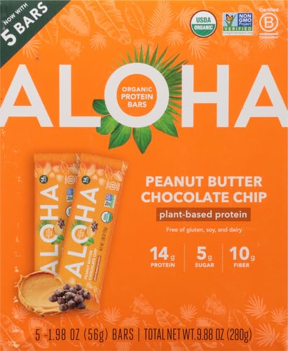 ALOHA Organic Plant Based Protein Bars, Peanut Butter Chocolate Chip, 1.98-Ounce Bars, (Pack of 5)