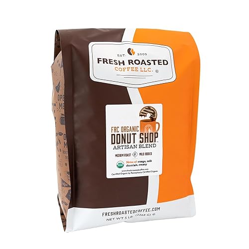 Fresh Roasted Coffee, Organic Donut Shop, 5 Lb (80 Oz), Medium Roast, Kosher, Whole Bean