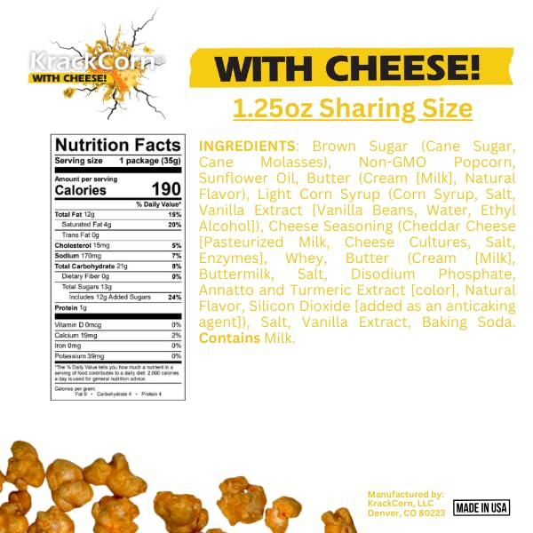 Krackcorn Cheddar Cheese Popcorn - Gluten-Free, Non-Gmo Cheddar And Caramel Popcorn, Sweet And Salty Corn Gourmet Snack - Delicious Treat For Family Parties, Movie Nights - 1.25 Ounce (Pack Of 12)