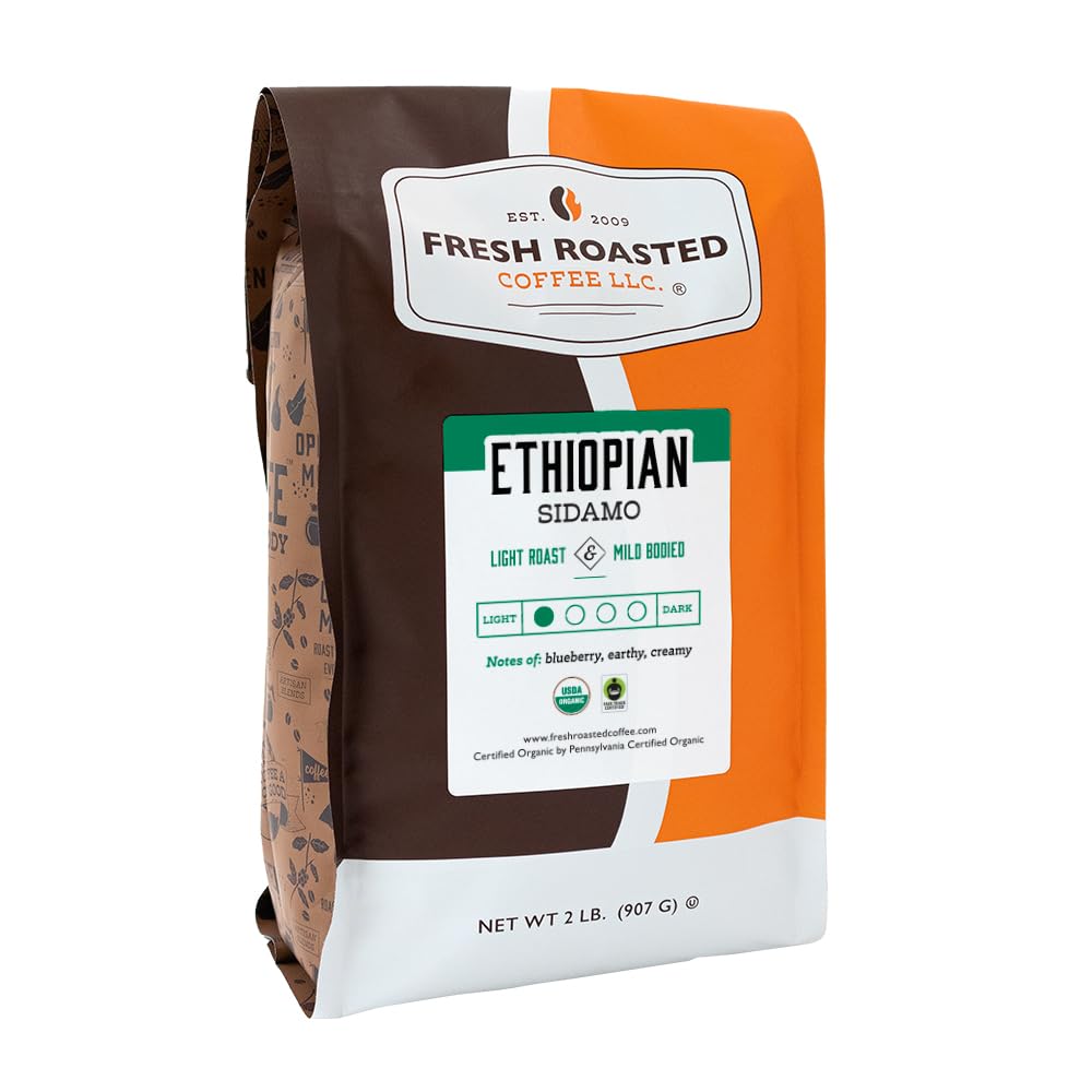 Fresh Roasted Coffee, Organic Ethiopian Sidamo | Fair Trade, USDA Organic, 100% Single Origin, Kosher | Light Roast 2 lb (32 oz)