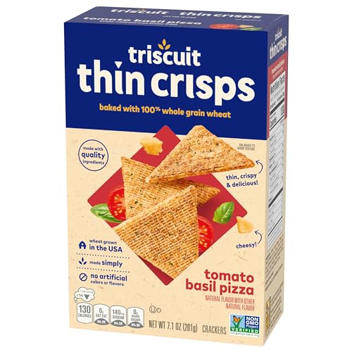Triscuit Thin Crisps Tomato Basil Pizza Whole Grain Wheat Crackers, Lunch Snacks, Bulk Snack Crackers, 6-7.1 oz Boxes