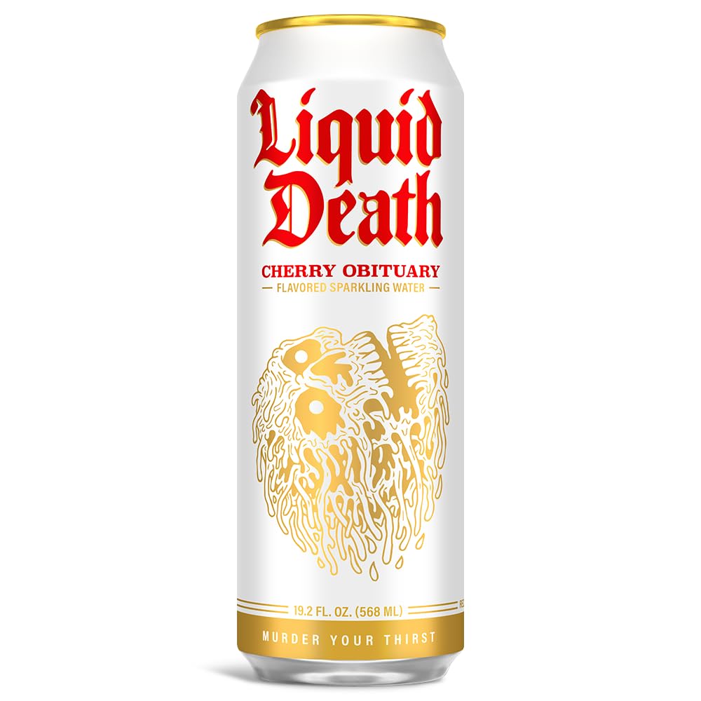Liquid Death, Cherry Obituary Sparkling Water, 8-Pack (King Size 19.2Oz Cans), Cherry Flavored Sparkling Beverage Sweetened With
